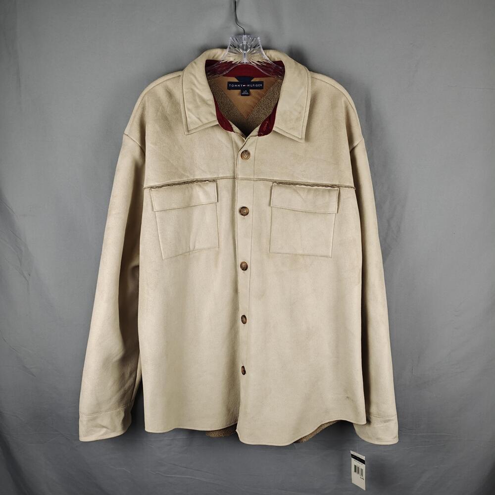 Tommy Hilfiger Jacket Mens Large Beige Sherpa Lined Faux Suede Button Front